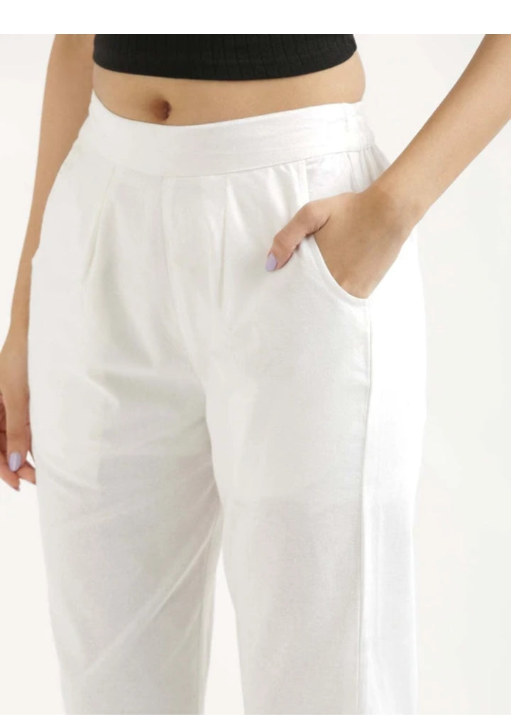 Women’s Solid White Cotton Straight Pant