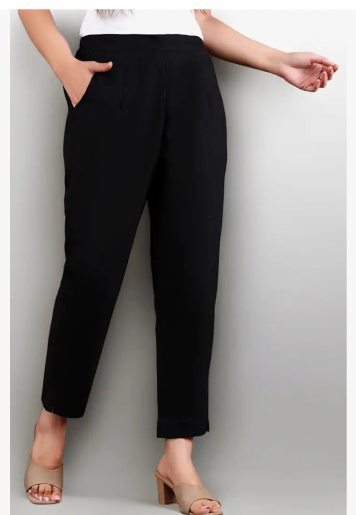 Women’s Solid Black Cotton Straight Pant
