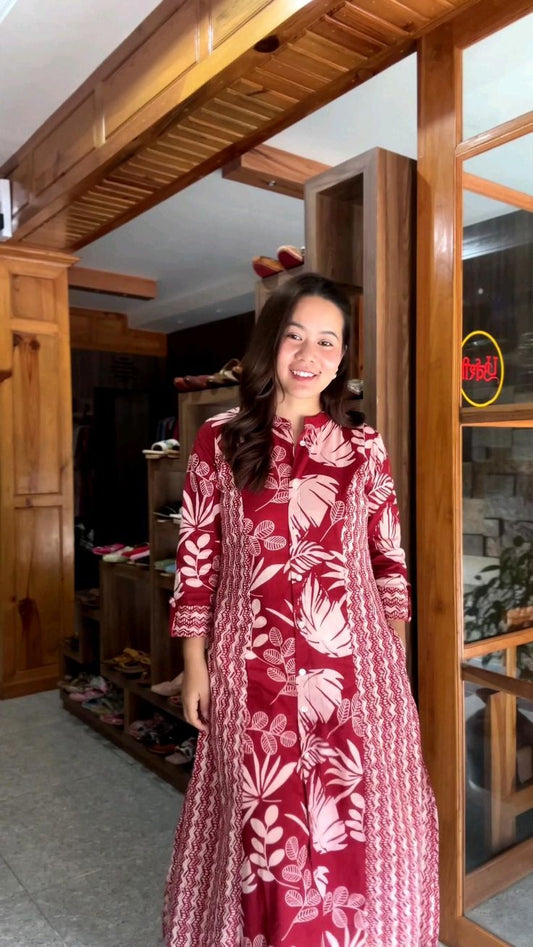 Maroon Floral Printed A-Line Cotton Kurti