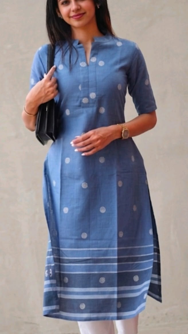 Sky Blue Polka Printed Straight Cotton Kurti