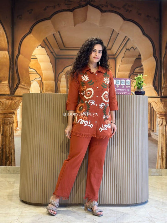 Rust Orange Floral Printed Shirt & Pant Co-Ord Set