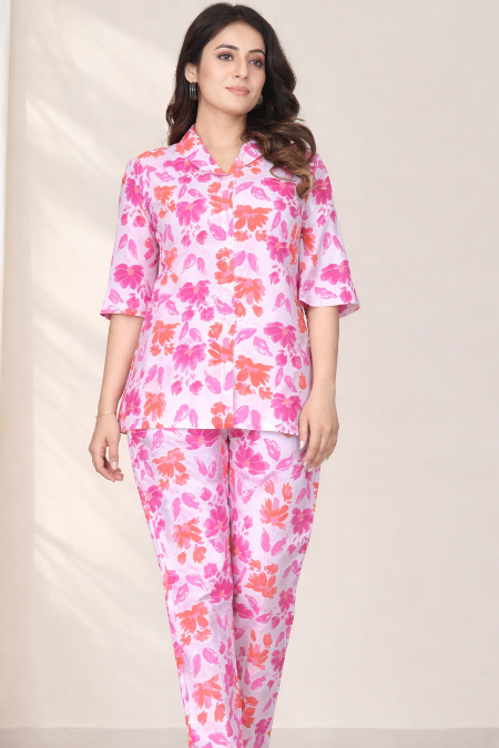 Pink & White Floral Printed Shirt Pant Co-Ord Set