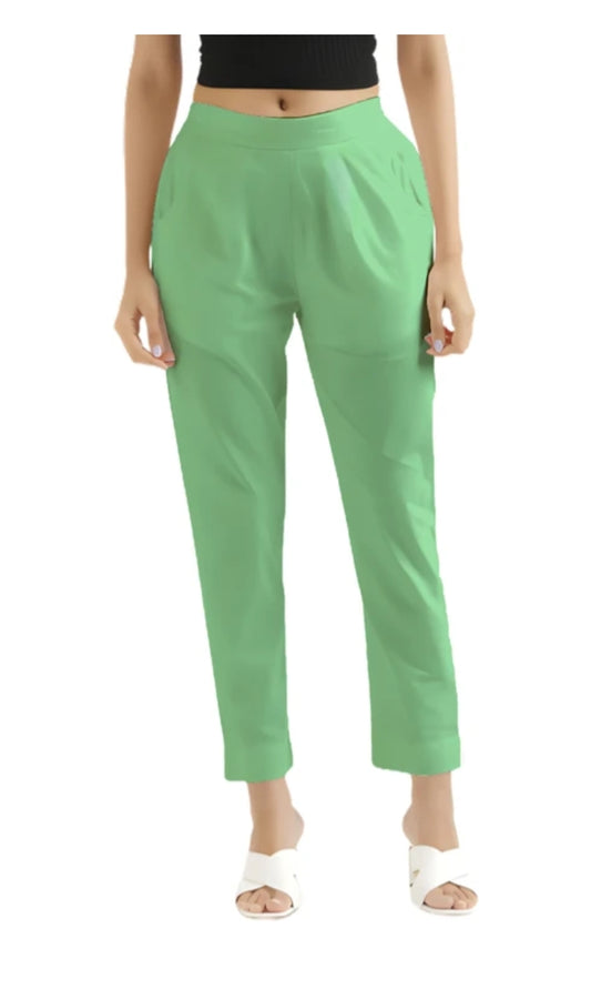 Women’s Solid Mint Green Cotton Straight Pant