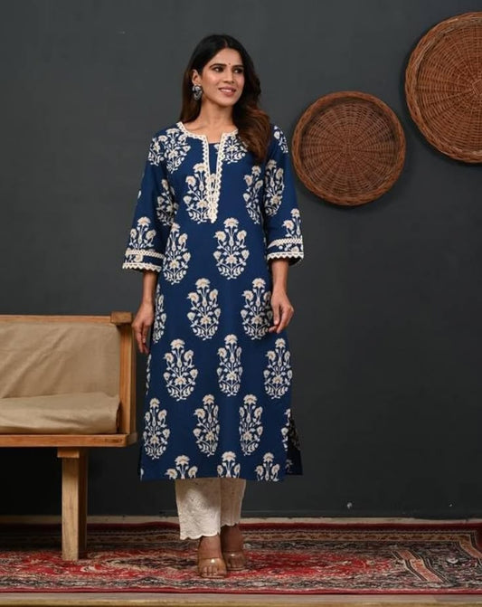 Navy Blue Floral Printed Straight Cotton Kurti