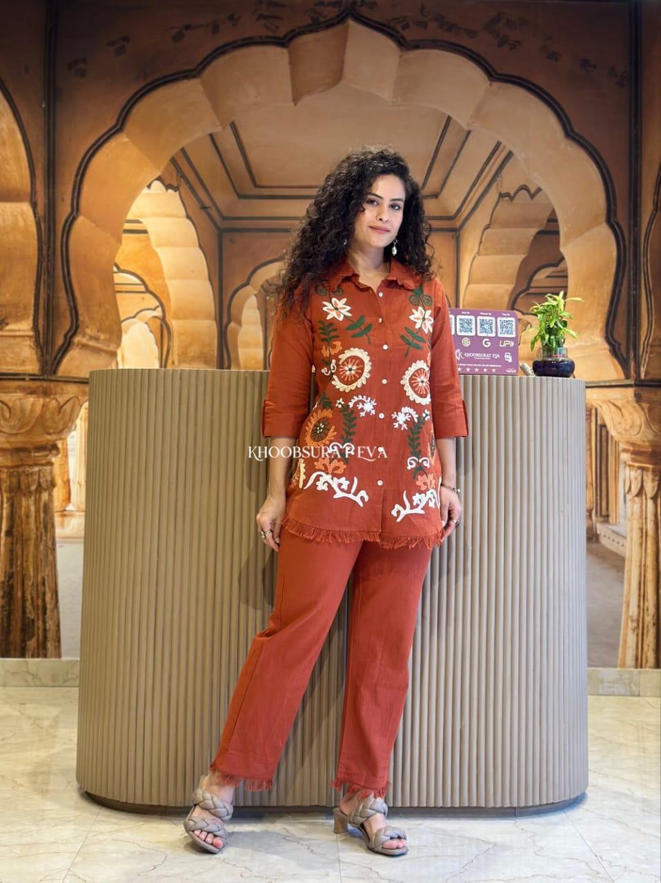 Rust Orange Floral Printed Shirt & Pant Co-Ord Set
