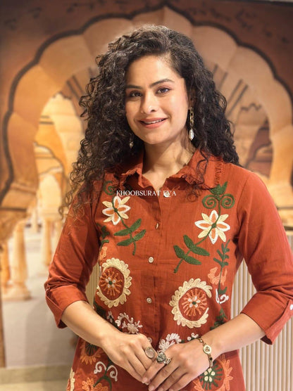 Rust Orange Floral Printed Shirt & Pant Co-Ord Set